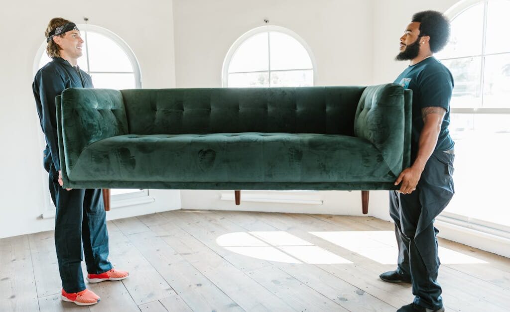 Two men lifting a green sofa in a well-lit room with arched windows.
